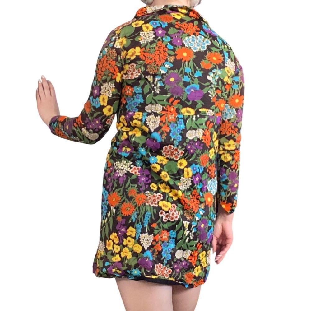 Vintage 70s Retro Dark Floral Button Front Long Sleeve Mini Dress Orange Blue - Picture 5 of 16